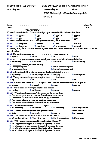 Đề kiểm tra 1 tiết môn Tiếng Anh 11 - Đề 485 - Năm học 2018-2019 - Trường THPT Mạc Đĩnh Chi (Có đáp án + Ma trận)
