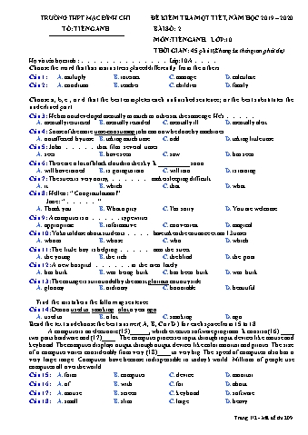 Đề kiểm tra 1 tiết môn Tiếng Anh Lớp 10 - Bài 2, Đề 209 - Năm học 2019-2020 - Trường THPT Mạc Đĩnh Chi (Có đáp án)