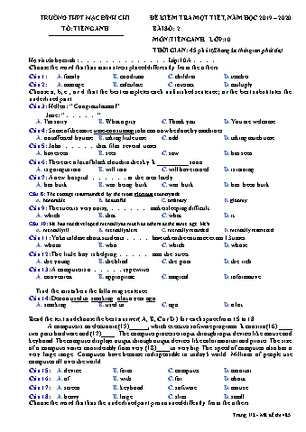 Đề kiểm tra 1 tiết môn Tiếng Anh Lớp 10 - Bài 2, Đề 485 - Năm học 2019-2020 - Trường THPT Mạc Đĩnh Chi (Có đáp án)
