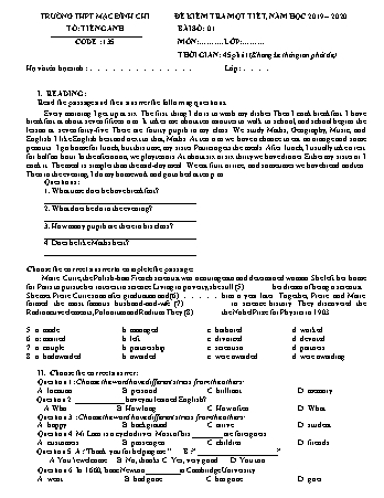 Đề kiểm tra 1 tiết môn Tiếng Anh Lớp 10 - Đề 135 - Năm học 2019-2020 - Trường THPT Mạc Đĩnh Chi (Có đáp án + Ma trận)
