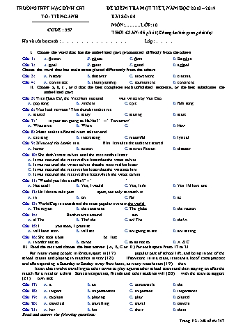 Đề kiểm tra 1 tiết môn Tiếng Anh Lớp 10 - Đề 357 - Năm học 2018-2019 - Trường THPT Mạc Đĩnh Chi (Có đáp án)