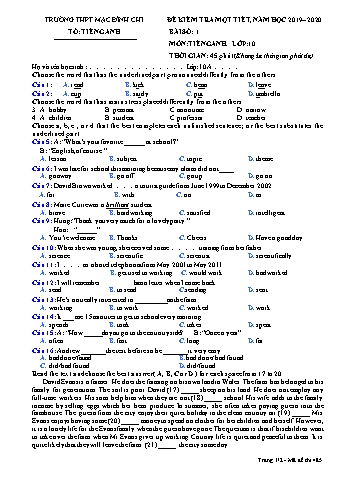 Đề kiểm tra 1 tiết môn Tiếng Anh Lớp 10 - Đề 485 - Năm học 2019-2020 - Trường THPT Mạc Đĩnh Chi (Có đáp án)