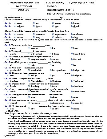 Đề kiểm tra 1 tiết môn Tiếng Anh Lớp 11 - Đề 123 - Năm học 2019-2020 - Trường THPT Mạc Đĩnh Chi