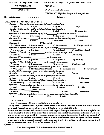 Đề kiểm tra 1 tiết môn Tiếng Anh Lớp 11 - Đề 123 - Năm học 2019-2020 - Trường THPT Mạc Đĩnh Chi (Có đáp án)
