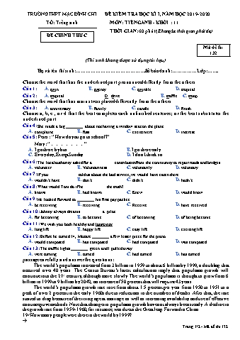 Đề kiểm tra 1 tiết môn Tiếng Anh Lớp 11 - Đề 132 - Năm học 2019-2020 - Trường THPT Mạc Đĩnh Chi