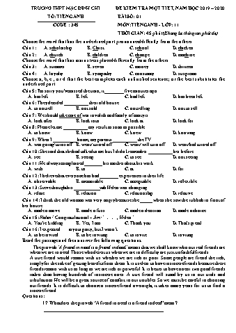 Đề kiểm tra 1 tiết môn Tiếng Anh Lớp 11 - Đề 345 - Năm học 2019-2020 - Trường THPT Mạc Đĩnh Chi