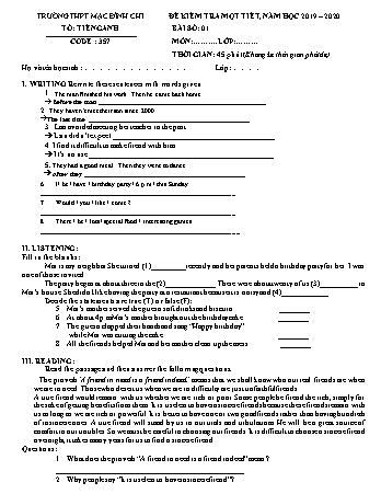 Đề kiểm tra 1 tiết môn Tiếng Anh Lớp 11 - Đề 357 - Năm học 2019-2020 - Trường THPT Mạc Đĩnh Chi (Có đáp án)