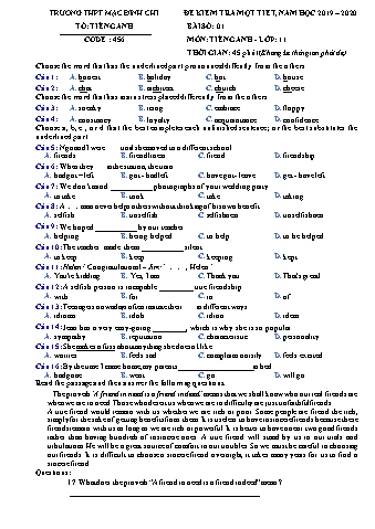 Đề kiểm tra 1 tiết môn Tiếng Anh Lớp 11 - Đề 456 - Năm học 2019-2020 - Trường THPT Mạc Đĩnh Chi