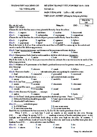 Đề kiểm tra 1 tiết môn Tiếng Anh Lớp 11 (Hệ 10 năm) - Bài 1, Đề 209 - Năm học 2019-2020 - Trường THPT Mạc Đĩnh Chi
