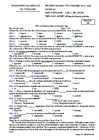 Đề kiểm tra 1 tiết môn Tiếng Anh Lớp 11 (Hệ 10 năm) - Đề 209 - Năm học 2019-2020 - Trường THPT Mạc Đĩnh Chi