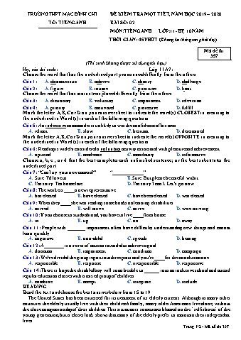 Đề kiểm tra 1 tiết môn Tiếng Anh Lớp 11 (Hệ 10 năm) - Đề 357 - Năm học 2019-2020 - Trường THPT Mạc Đĩnh Chi