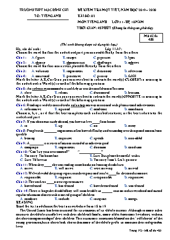 Đề kiểm tra 1 tiết môn Tiếng Anh Lớp 11 (Hệ 10 năm) - Đề 485 - Năm học 2019-2020 - Trường THPT Mạc Đĩnh Chi