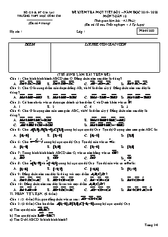 Đề kiểm tra 1 tiết môn Toán 10 - Đề 2 - Năm học 2019-2020 - Trường THPT Mạc Đĩnh Chi (Có đáp án)