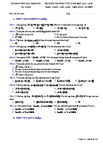 Đề kiểm tra 1 tiết môn Toán 10 - Đề 357 - Năm học 2019-2020 - Trường THPT Mạc Đĩnh Chi (Có đáp án)