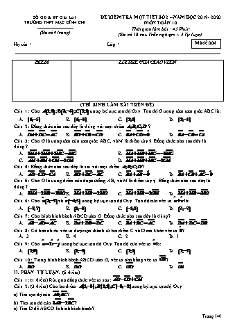 Đề kiểm tra 1 tiết môn Toán 10 - Đề 4 - Năm học 2019-2020 - Trường THPT Mạc Đĩnh Chi (Có đáp án)