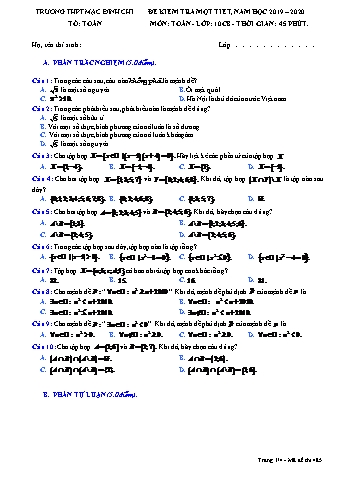 Đề kiểm tra 1 tiết môn Toán 10 - Năm học 2019-2020 - Trường THPT Mạc Đĩnh Chi (Có đáp án)