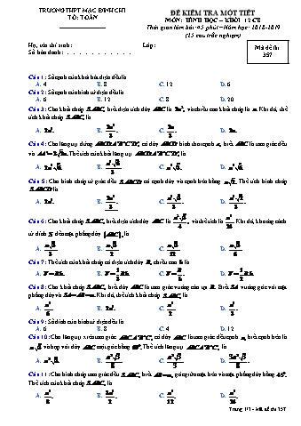 Đề kiểm tra 1 tiết môn Toán (Hình học) 12 - Đề 357 - Năm học 2018-2019 - Trường THPT Mạc Đĩnh Chi (Có đáp án + Ma trận)