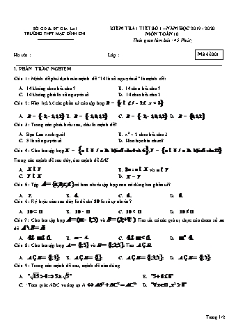 Đề kiểm tra 1 tiết môn Toán Lớp 10 - Đề 1 - Năm học 2019-2020 - Trường THPT Mạc Đĩnh Chi (Có đáp án)
