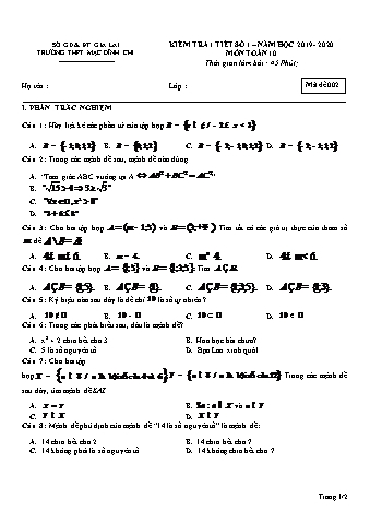 Đề kiểm tra 1 tiết môn Toán Lớp 10 - Đề 2 - Năm học 2019-2020 - Trường THPT Mạc Đĩnh Chi (Có đáp án)
