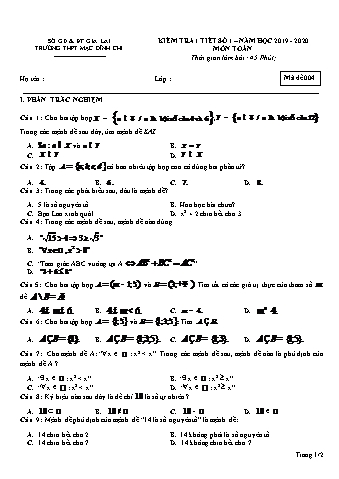 Đề kiểm tra 1 tiết môn Toán Lớp 10 - Đề 4 - Năm học 2019-2020 - Trường THPT Mạc Đĩnh Chi (Có đáp án)