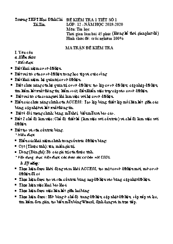 Đề kiểm tra 1 tiết số 1 môn Tin học 12 - Năm học 2019-2020 - Trường THPT Mạc Đĩnh Chi (Có đáp án + Ma trận)