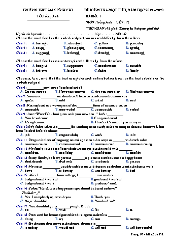 Đề kiểm tra 1 tiết Tiếng Anh 12 - Đề 132 - Năm học 2019-2020 - Trường THPT Mạc Đĩnh Chi (Có đáp án)