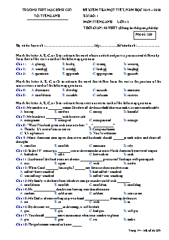 Đề kiểm tra 1 tiết Tiếng Anh Lớp 12 - Bài 1, Đề 209 - Năm học 2019-2020 - Trường THPT Mạc Đĩnh Chi (Có đáp án)