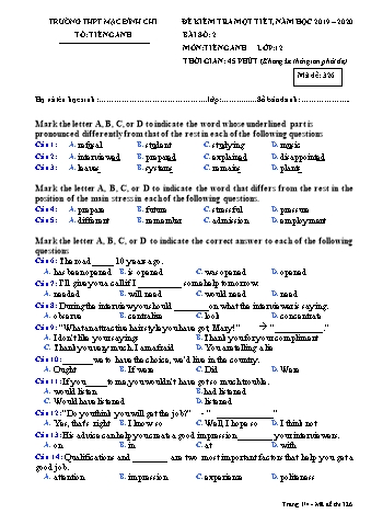 Đề kiểm tra 1 tiết Tiếng Anh Lớp 12 - Đề 326 - Năm học 2019-2020 - Trường THPT Mạc Đĩnh Chi (Có đáp án)