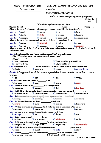 Đề kiểm tra 1 tiết Tiếng Anh Lớp 12 - Đề 485 - Năm học 2019-2020 - Trường THPT Mạc Đĩnh Chi