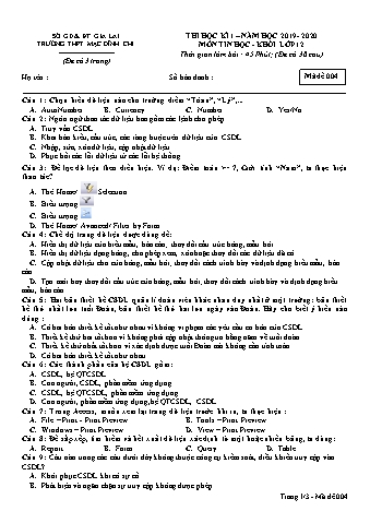 Đề kiểm tra 1 tiết Tin học Lớp 12 - Đề 4 - Năm học 2019-2020 - Trường THPT Mạc Đĩnh Chi (Có đáp án)