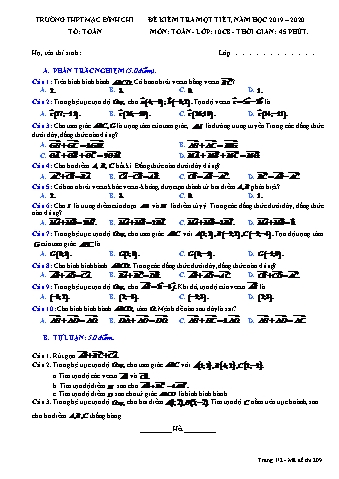 Đề kiểm tra 1 tiết Toán Lớp 10 - Đề 209 - Năm học 2019-2020 - Trường THPT Mạc Đĩnh Chi (Có đáp án)