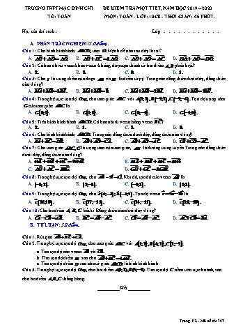 Đề kiểm tra 1 tiết Toán Lớp 10 - Đề 357- Năm học 2019-2020 - Trường THPT Mạc Đĩnh Chi (Có đáp án)