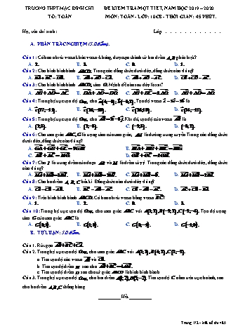 Đề kiểm tra 1 tiết Toán Lớp 10 - Đề 485 - Năm học 2019-2020 - Trường THPT Mạc Đĩnh Chi (Có đáp án)