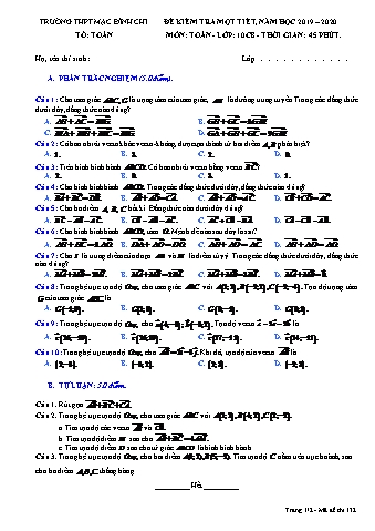 Đề kiểm tra 1 tiết Toán Lớp 10 - Năm học 2019-2020 - Trường THPT Mạc Đĩnh Chi (Có đáp án)