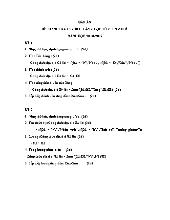 Đề kiểm tra 15 phút lần 2 môn Tin Nghề 11 - Năm học 2018-2019 - Trường THPT Mạc Đĩnh Chi (Có đáp án + Ma trận)