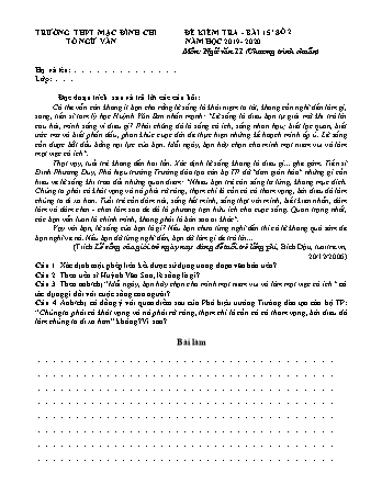 Đề kiểm tra 15 phút lần 2 Ngữ văn 11 - Năm học 2019-2020 - Trường THPT Mạc Đĩnh Chi (Có đáp án + Ma trận)