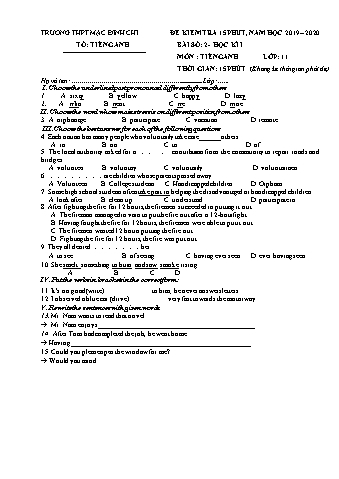 Đề kiểm tra 15 phút môn Tiếng Anh Lớp 11 - Bài 2 - Năm học 2019-2020 - Trường THPT Mạc Đĩnh Chi (Có đáp án)