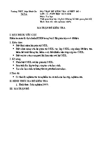 Đề kiểm tra 15 phút số 2 môn Tin học 12 - Năm học 2019-2020 - Trường THPT Mạc Đĩnh Chi (Có đáp án + Ma trận)