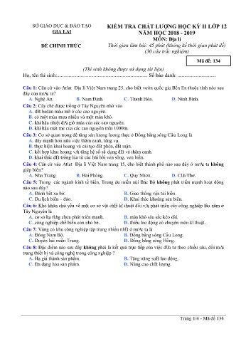 Đề kiểm tra chất lượng học kì 2 môn Địa lí 12 - Đề 134 - Năm học 2018-2019 - SGD&ĐT Gia Lai