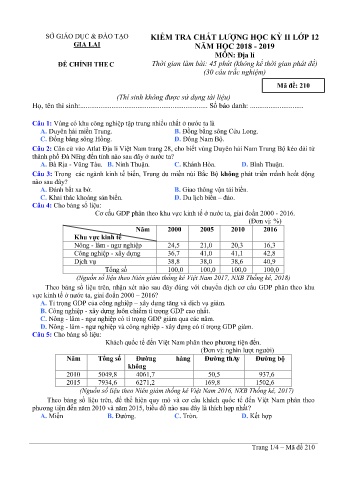 Đề kiểm tra chất lượng học kì 2 môn Địa lí 12 - Đề 210 - Năm học 2018-2019 - SGD&ĐT Gia Lai