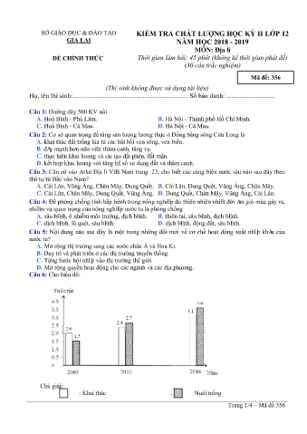 Đề kiểm tra chất lượng học kì 2 môn Địa lí 12 - Đề 356 - Năm học 2018-2019 - SGD&ĐT Gia Lai