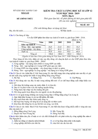 Đề kiểm tra chất lượng học kì 2 môn Địa lí 12 - Đề 483 - Năm học 2018-2019 - SGD&ĐT Gia Lai