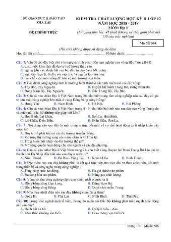 Đề kiểm tra chất lượng học kì 2 môn Địa lí 12 - Đề 568 - Năm học 2018-2019 - SGD&ĐT Gia Lai