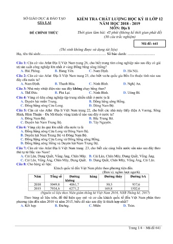 Đề kiểm tra chất lượng học kì 2 môn Địa lí 12 - Đề 641 - Năm học 2018-2019 - SGD&ĐT Gia Lai