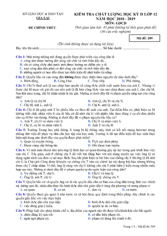 Đề kiểm tra chất lượng học kì 2 môn Giáo dục công dân 12 - Đề 209 - Năm học 2018-2019 - SGD&ĐT Gia Lai (Có đáp án)