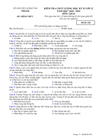 Đề kiểm tra chất lượng học kì 2 môn Giáo dục công dân 12 - Đề 628 - Năm học 2018-2019 - SGD&ĐT Gia Lai