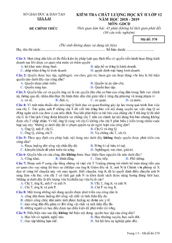 Đề kiểm tra chất lượng học kì 2 môn Giáo dục công dân 12 - Đề 570 - Năm học 2018-2019 - SGD&ĐT Gia Lai