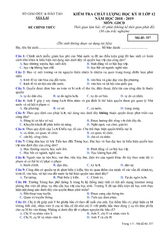 Đề kiểm tra chất lượng học kì 2 môn Giáo dục công dân 12 - Đề 357 - Năm học 2018-2019 - SGD&ĐT Gia Lai (Có đáp án)