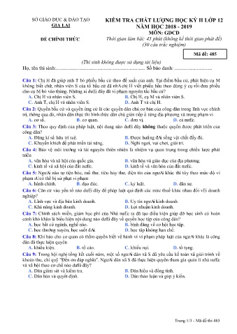 Đề kiểm tra chất lượng học kì 2 môn Giáo dục công dân 12 - Đề 485 - Năm học 2018-2019 - SGD&ĐT Gia Lai
