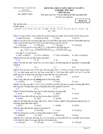 Đề kiểm tra chất lượng học kì 2 môn Hóa học 12 - Đề 135 - Năm học 2018-2019 - SGD&ĐT Gia Lai